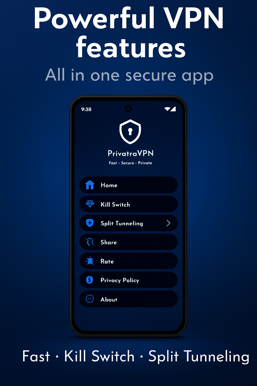 PrivatraVPN ऐप - आपके कनेक्शन को सुरक्षित करने के लिए सरल वन-टैप इंटरफेस